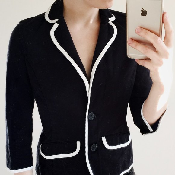 American Eagle Outfitters Black Denim 3/4 Sleeve Blazer with White Piping - Picture 1 of 5
